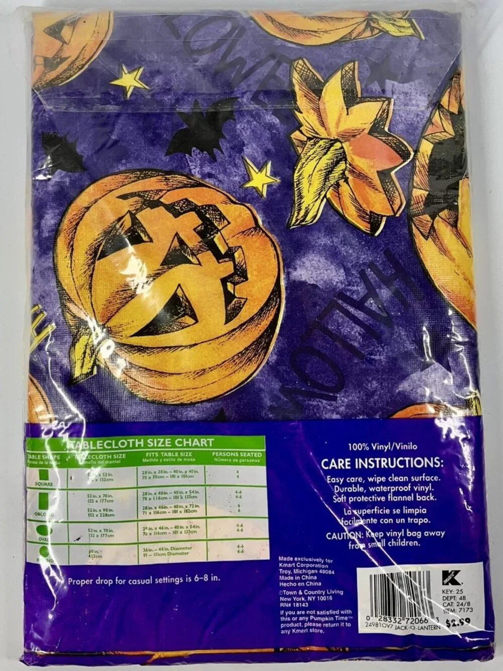 Vintage Vinyl Table Cloth W/ Flannel Back Halloween Jack-o’-lantern Stars NEW